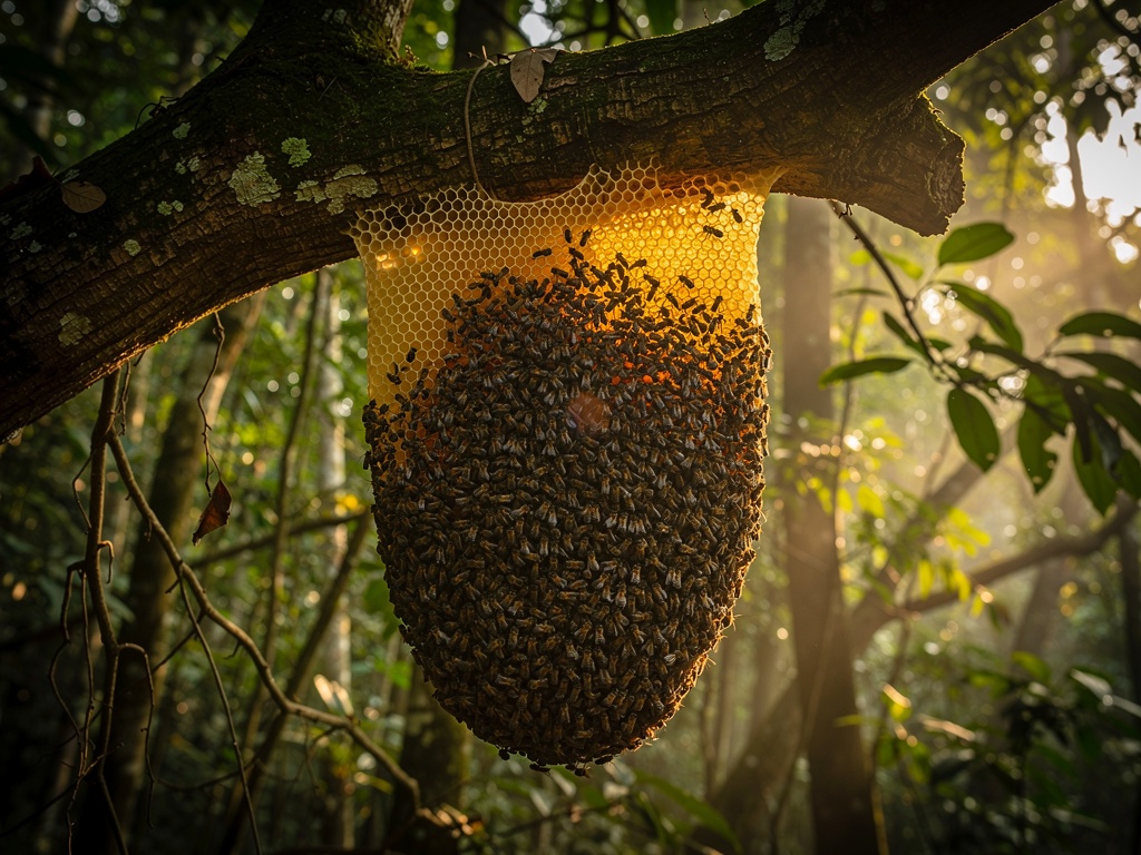Giant single honeycomb of Apis dorsata rock bees on a tree branch