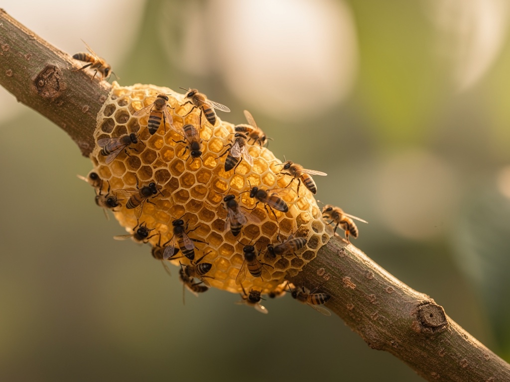 Tiny Apis florea dwarf bee nest built around a tree branch