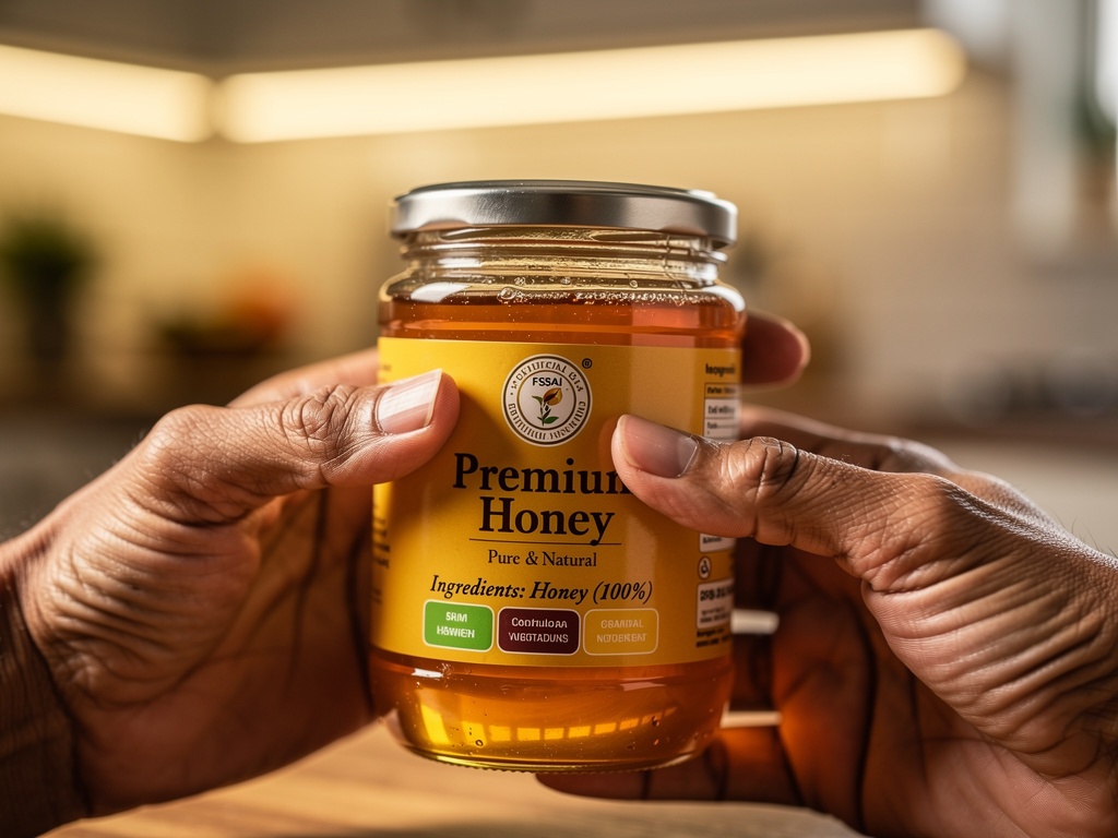 Close-up of hands reading the label on a jar of honey