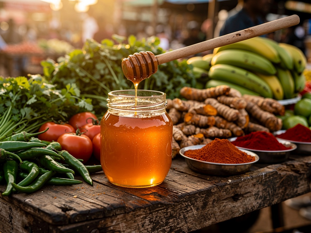 Glass jar of golden honey on a rustic market stall