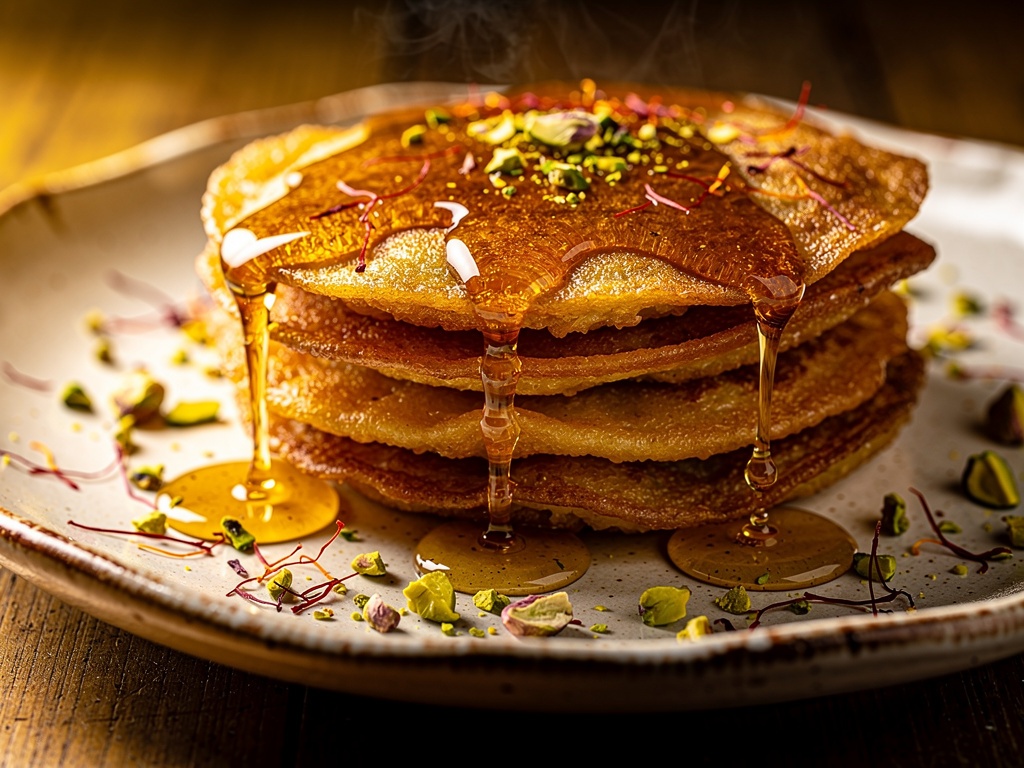 Honey drizzled over warm malpua with saffron and pistachio