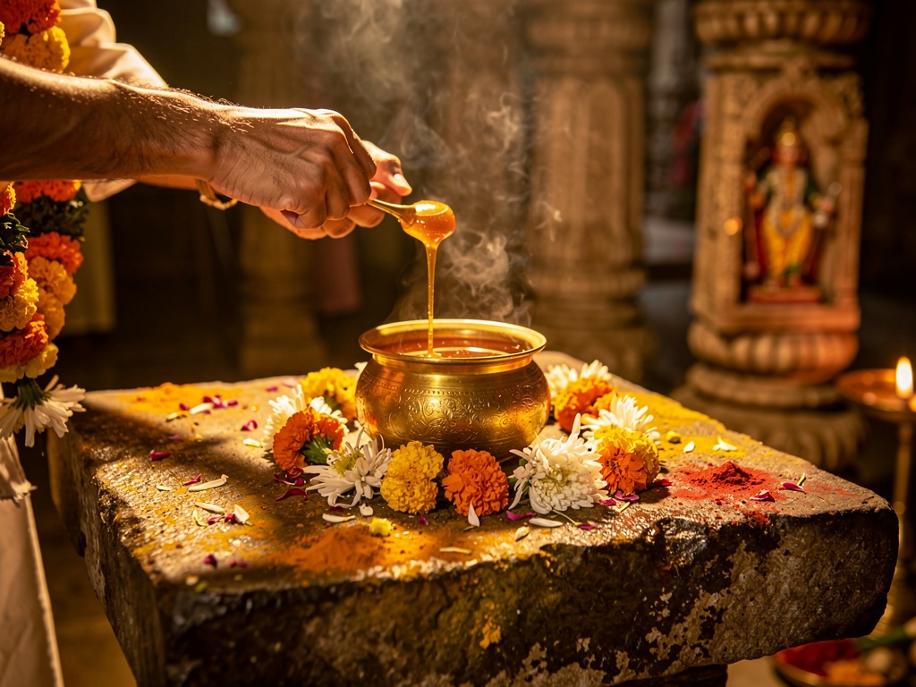 Brass pot of honey and flowers offered at a temple altar
