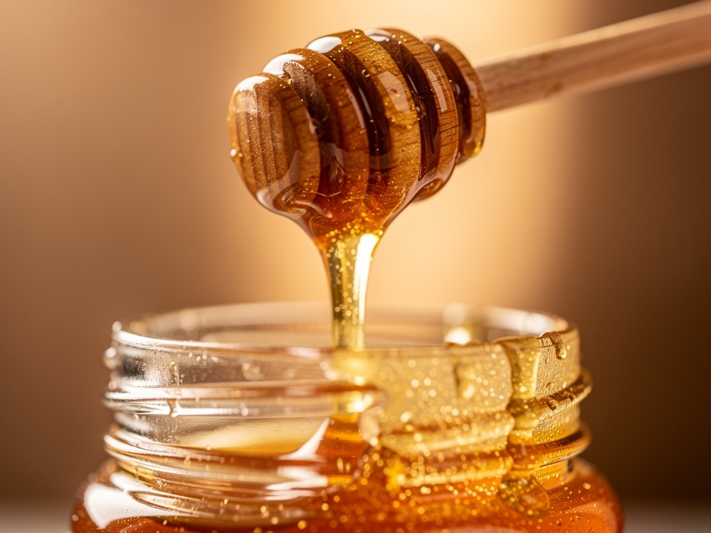 Honey dipper dripping golden honey into a glass jar