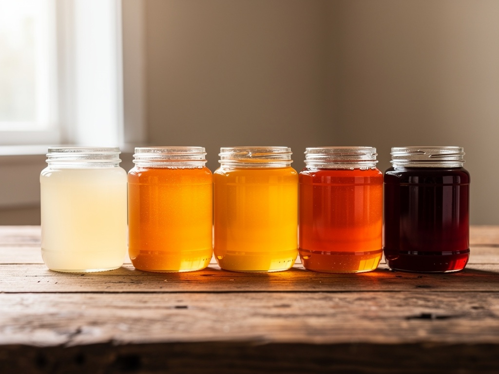Row of honey jars from pale to dark amber