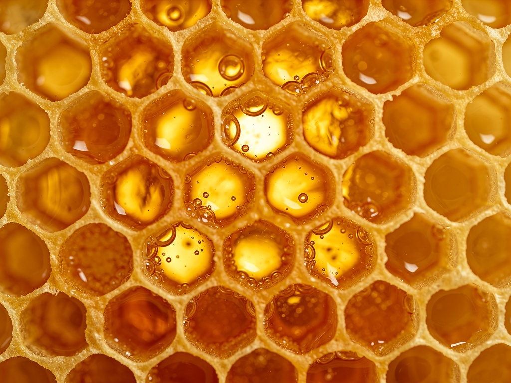 Macro hexagonal honeycomb pattern with golden honey