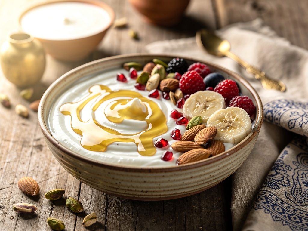 Bowl of honey drizzled over fresh curd with fruit and nuts