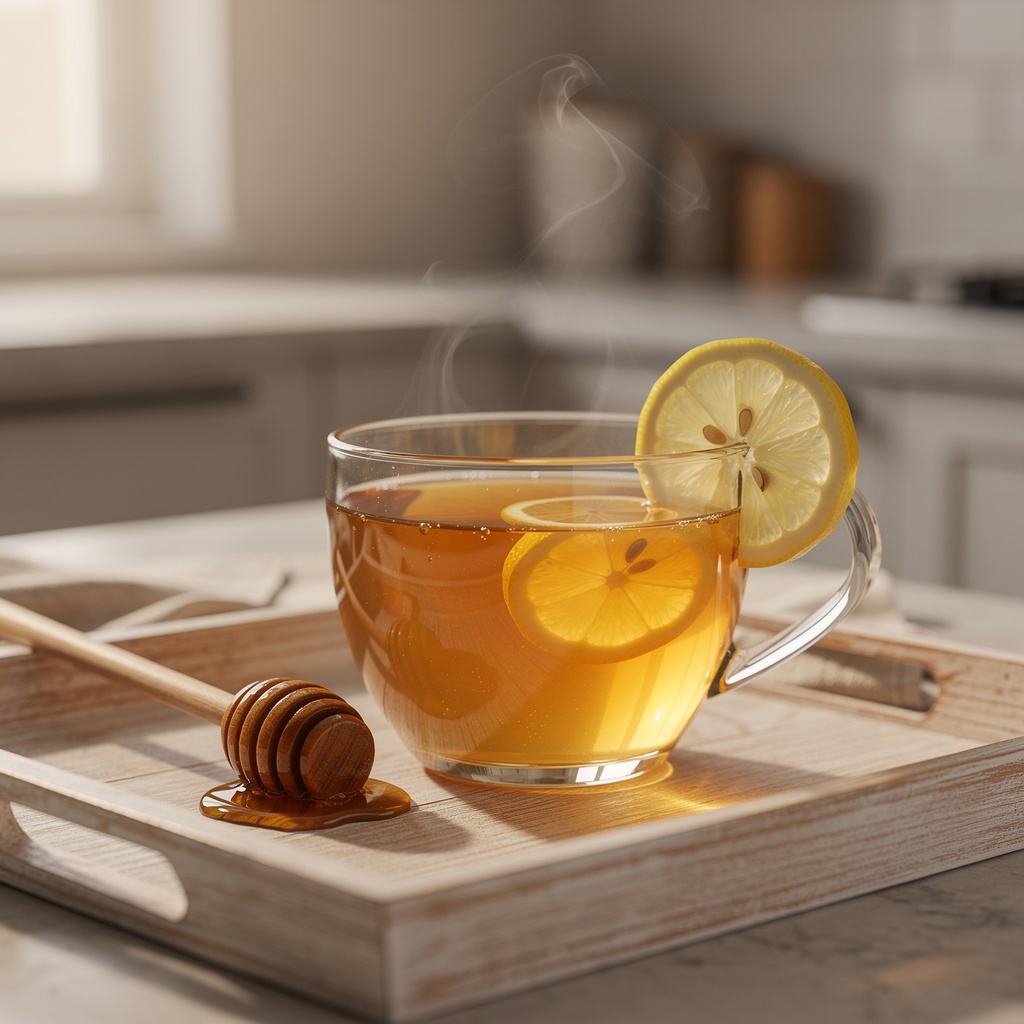 Warm honey lemon tea with a honey dipper
