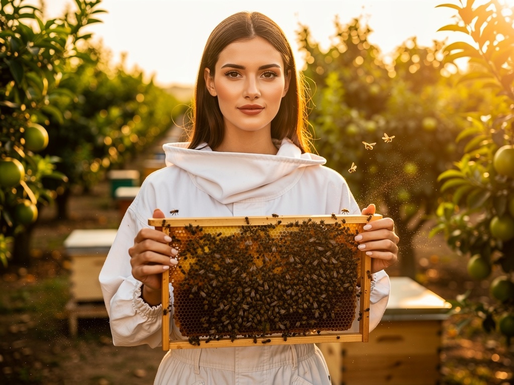 Beekeeper holding a wooden frame covered with bees in a sunny orchard