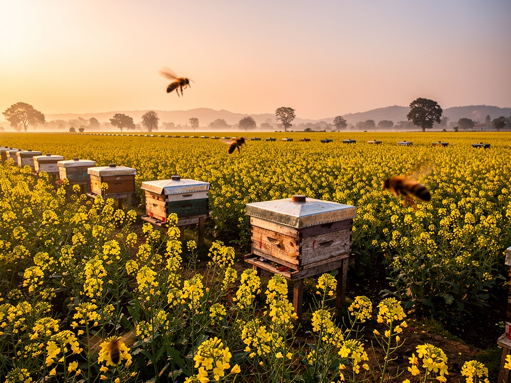 Golden mustard fields in rural India with rows of wooden beehives at sunrise