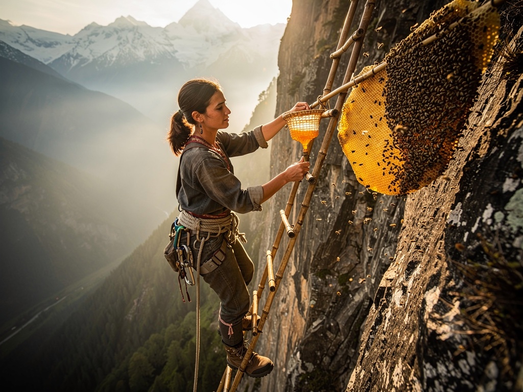 Traditional cliff honey hunting in the Himalayas with a rope ladder