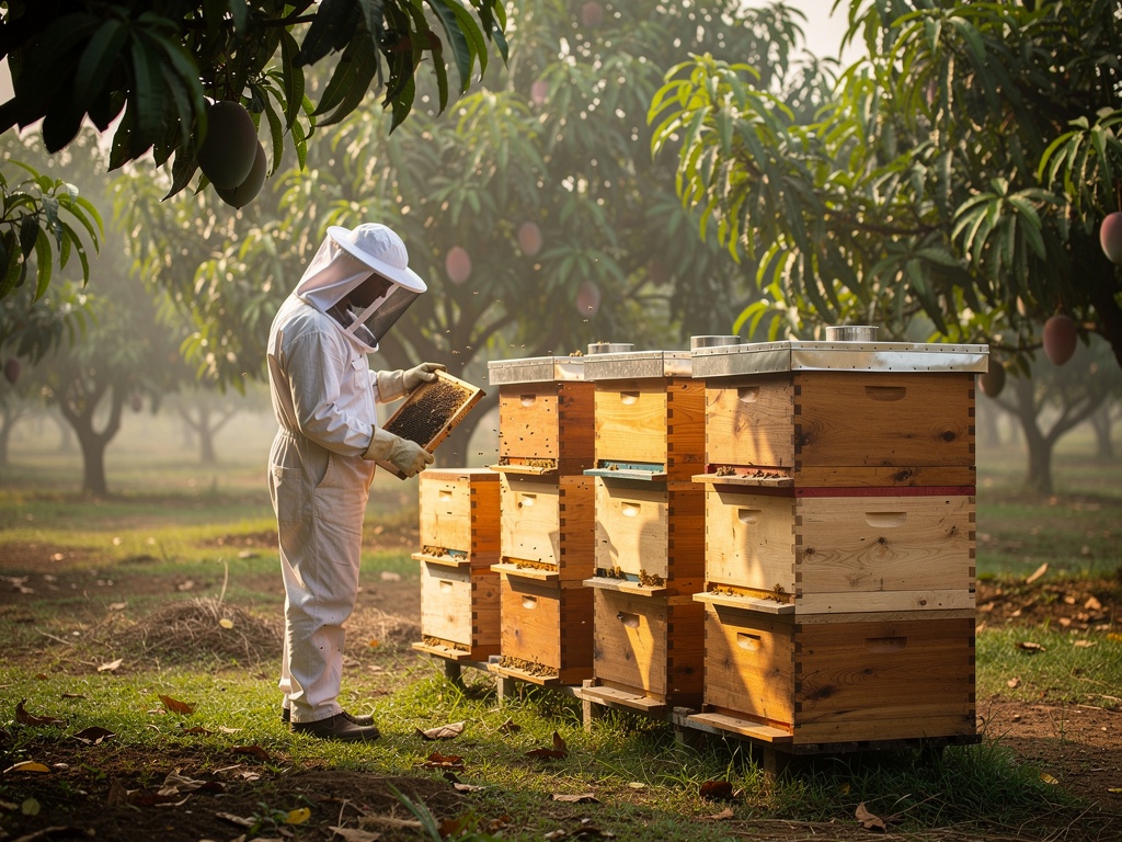Modern Langstroth beehives in an Indian orchard