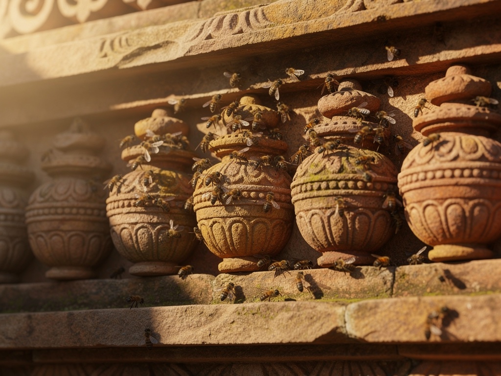 Ancient Indian stone carving depicting bees and honey pots