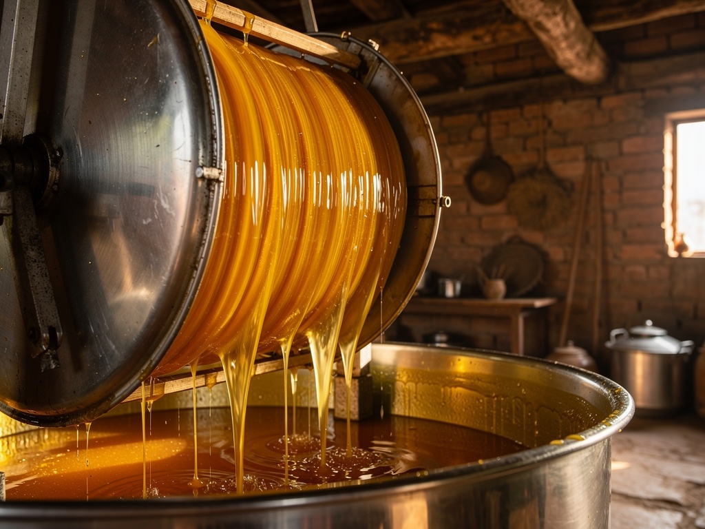 Honey extractor spinning golden honey in a processing shed