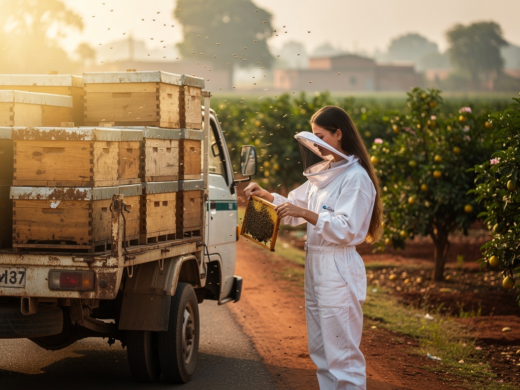 Truck loaded with beehives beside a flowering orchard
