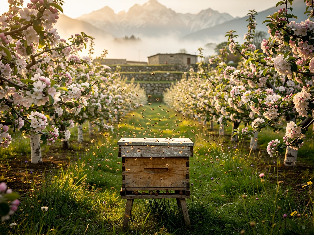 Apple orchard in blossom with bees and a beehive