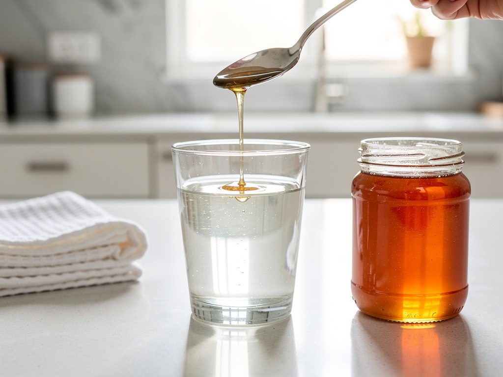 Home honey testing: glass of water with a spoon of honey