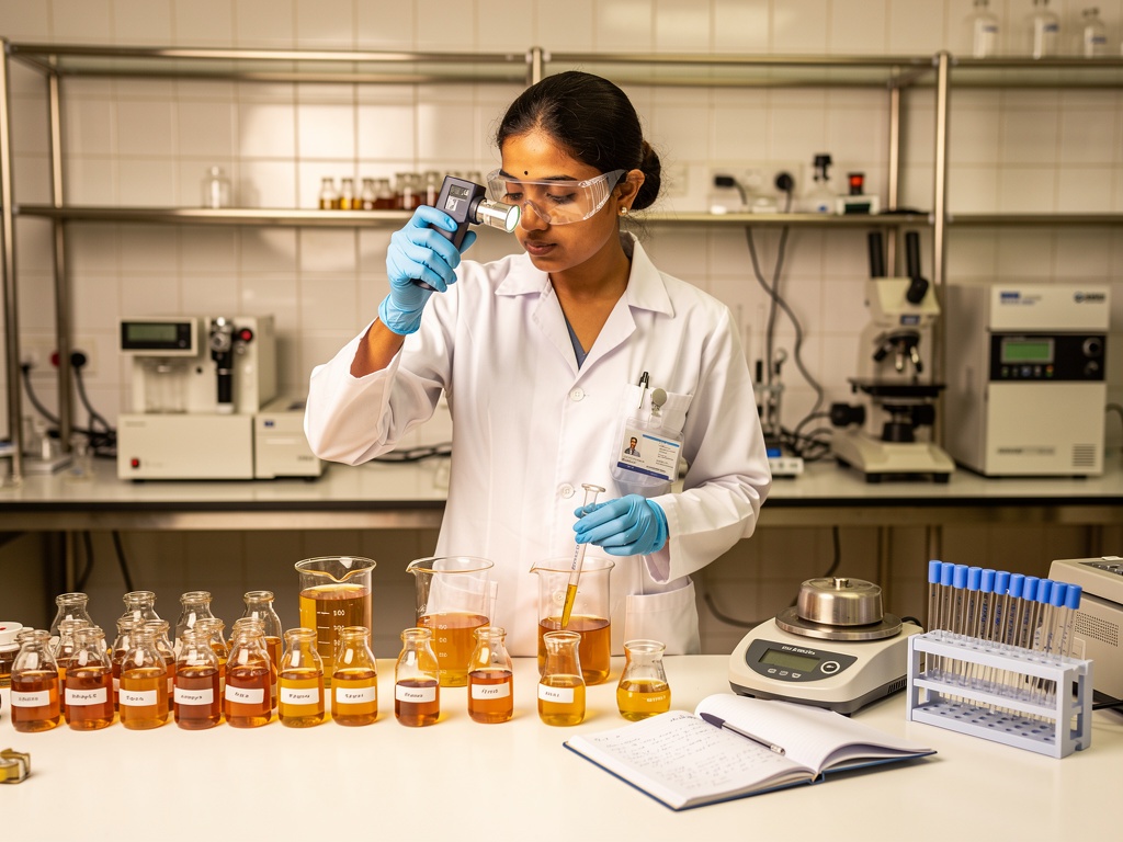 Food scientist testing honey samples in a laboratory