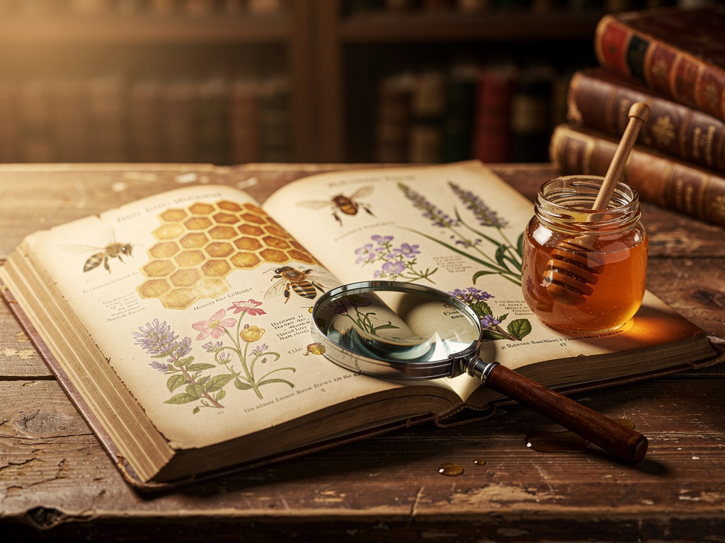 Open book with botanical illustrations of bees and honey plants
