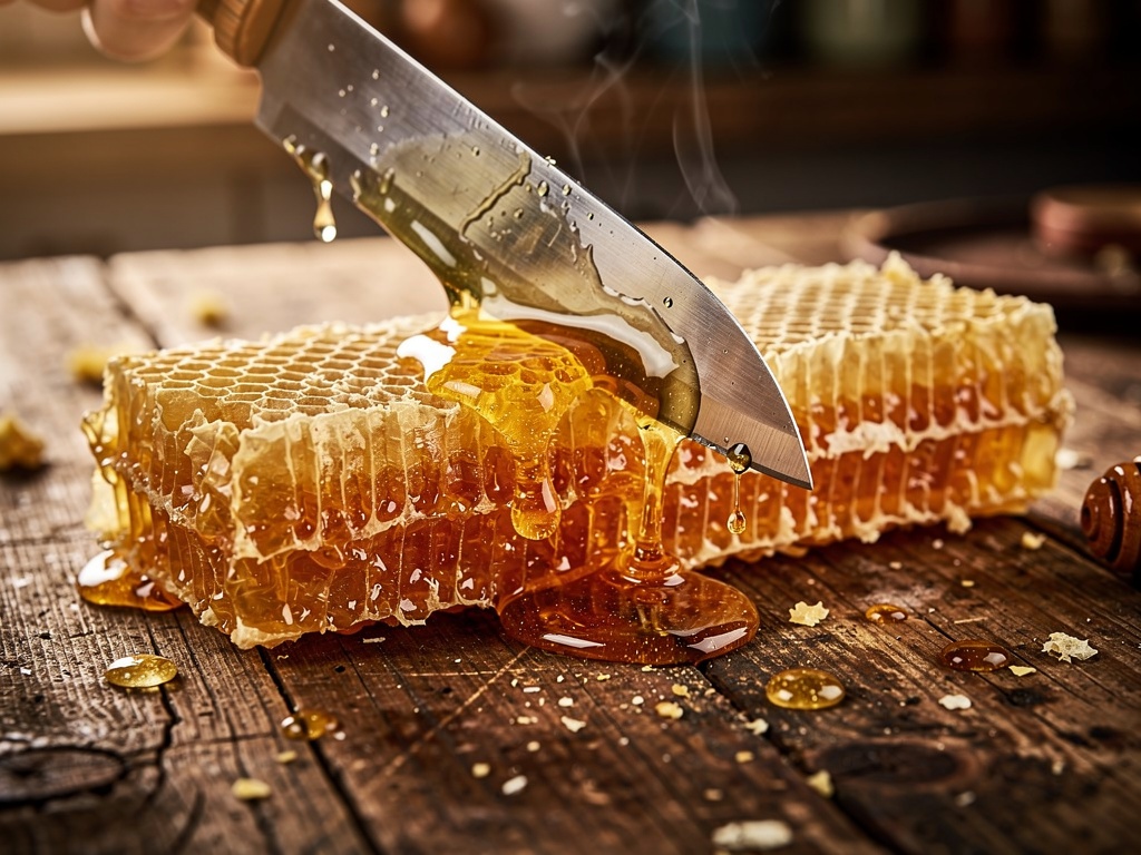 Honeycomb being cut with a hot knife releasing golden honey