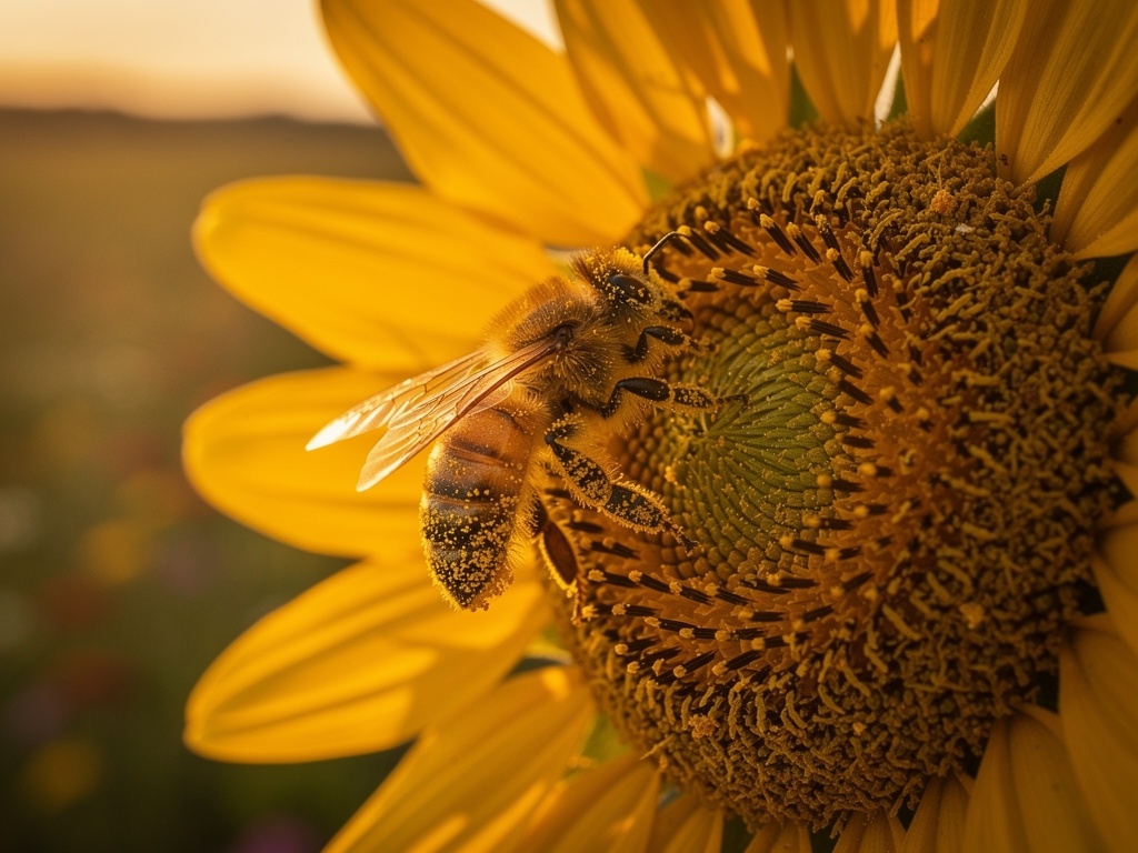Bee on a sunflower in a field