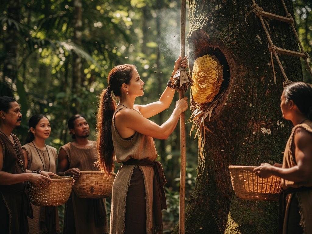 Tribal honey collector carefully harvesting honeycomb from a tree