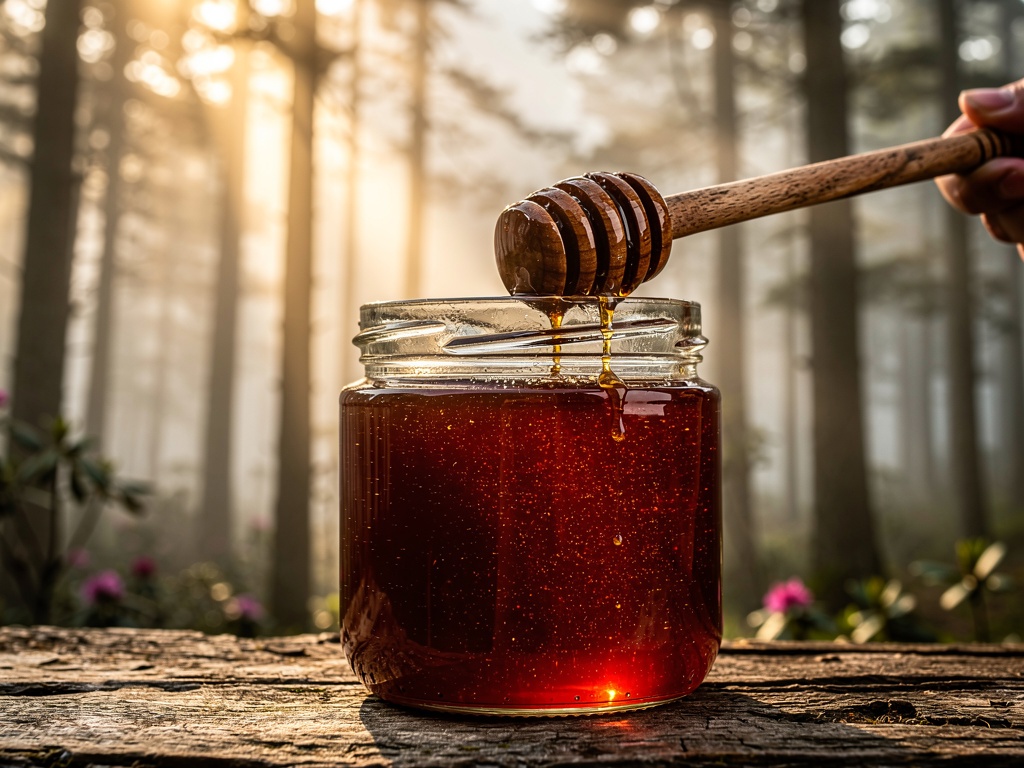 Dark amber wild forest honey jar against a misty Himalayan forest