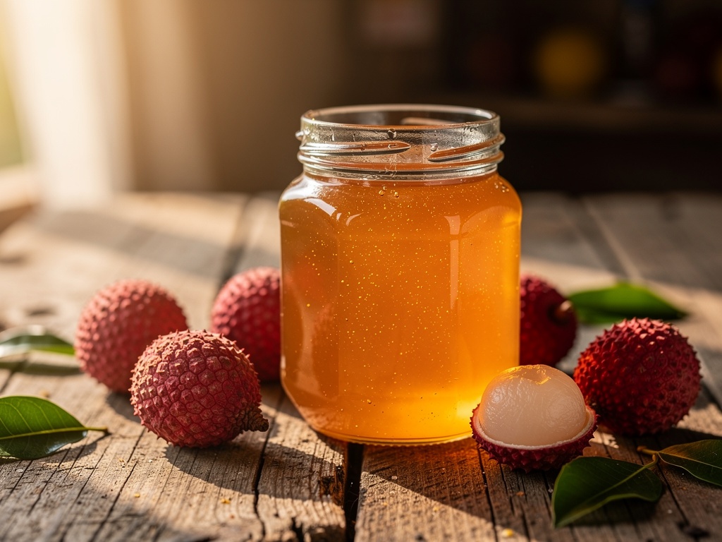 Jar of golden litchi honey beside fresh litchi fruits