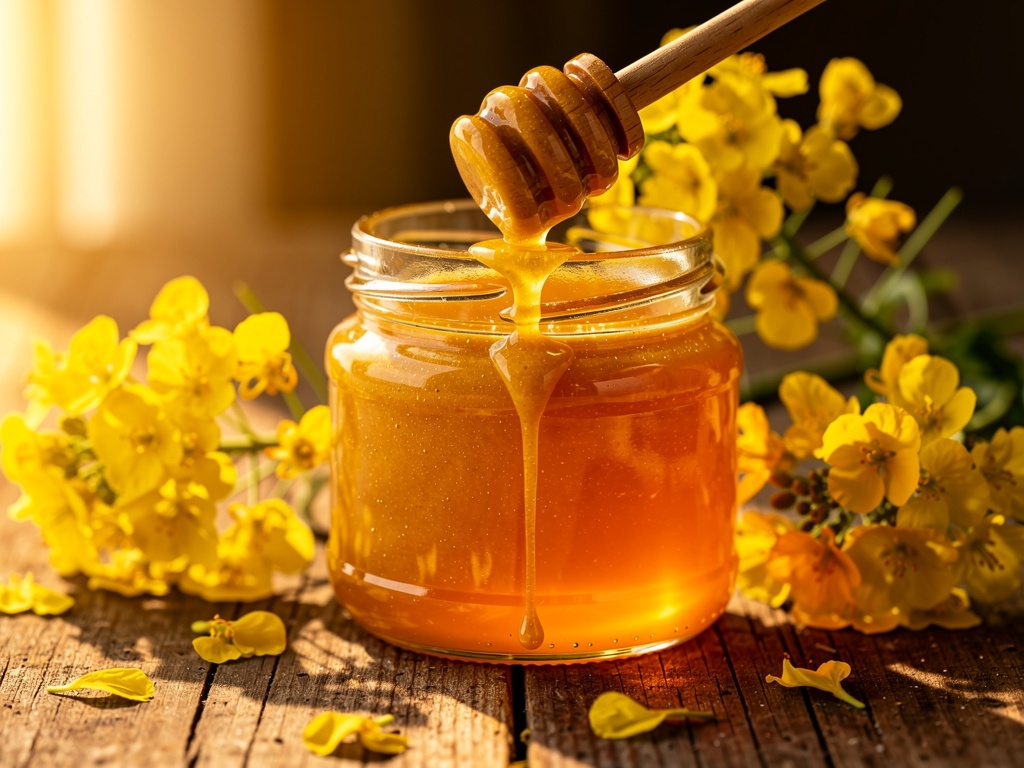Jar of golden mustard honey with mustard flowers